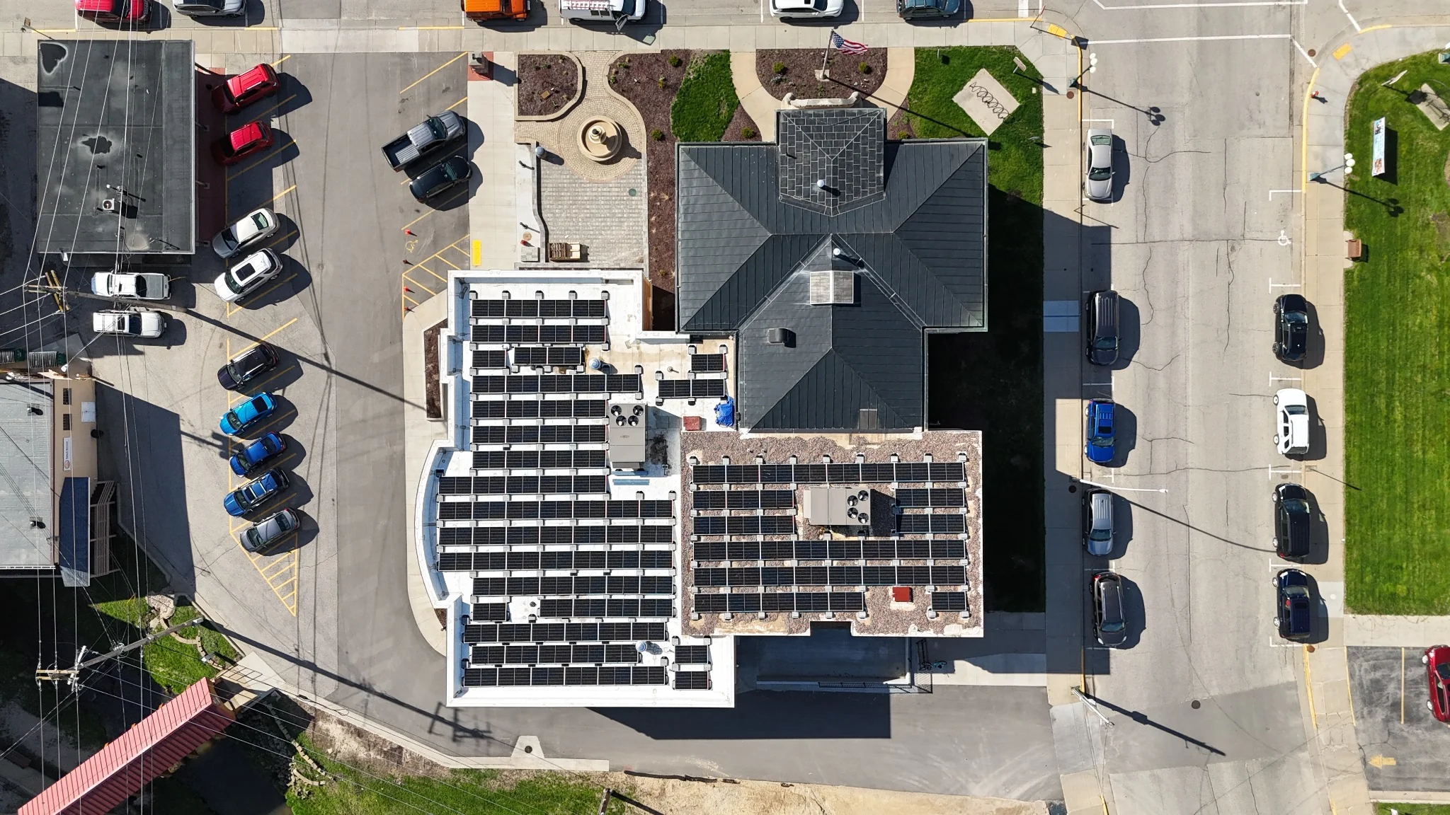 sparta-free-library-rooftop-solar-aerial-view Aerial view of rooftop solar installation at Sparta Free Library in Sparta, Wisconsin