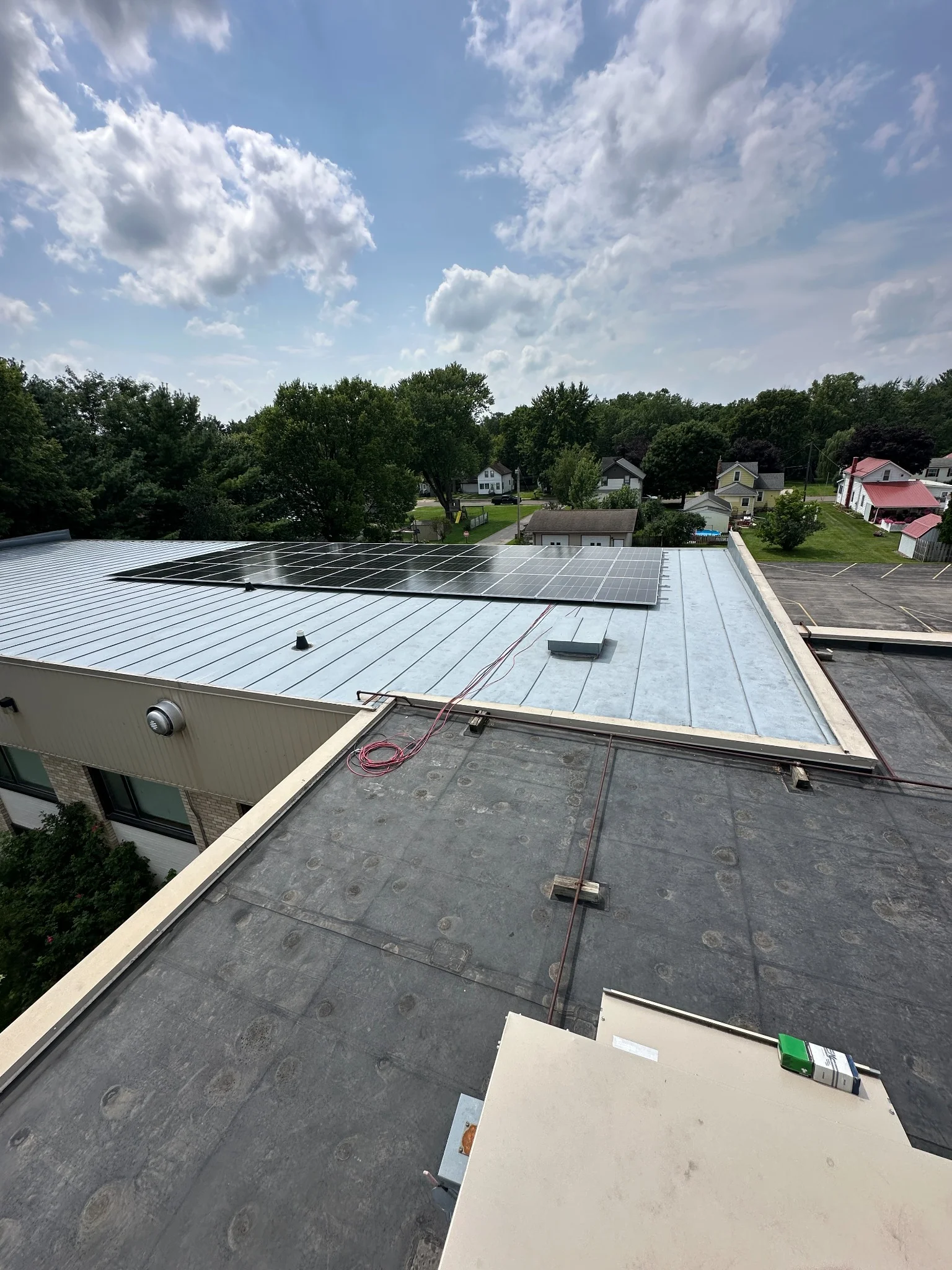 Detailed view of the Trinity Lutheran Church rooftop solar array and racking system